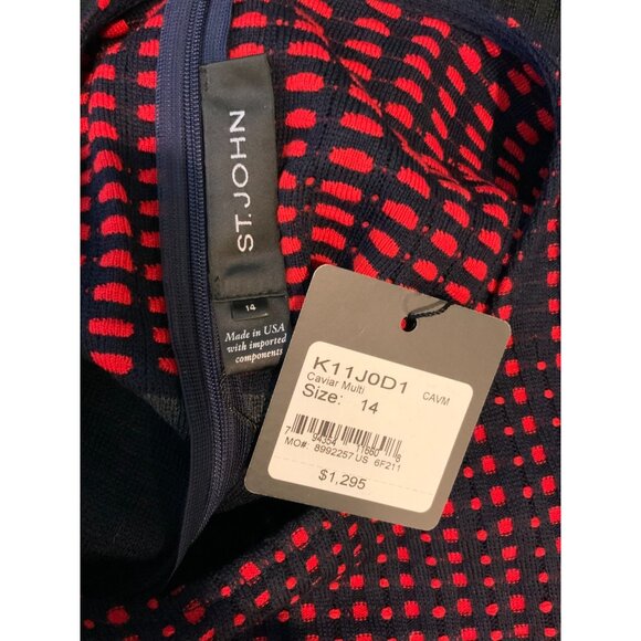St. John Navy Blue & Red Dot Geometric Print Knit Midi Dress NWT, Size 14 - Picture 7 of 7